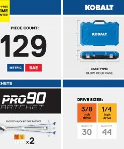 Kobalt Mechanics Tool Sets 129-Piece Standard (SAE) and Metric Combination Polished Chrome Mechanics Tool Set (1/4-in; 3/8-in) -Kobalt Best Sale 17783413 scaled